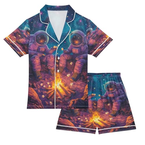 ALAZA Astronaut Starry Sky Fire Space Satin Pajamas Set Short Sleeve Button Down Sleepwear Summer Pjs 2 Piece