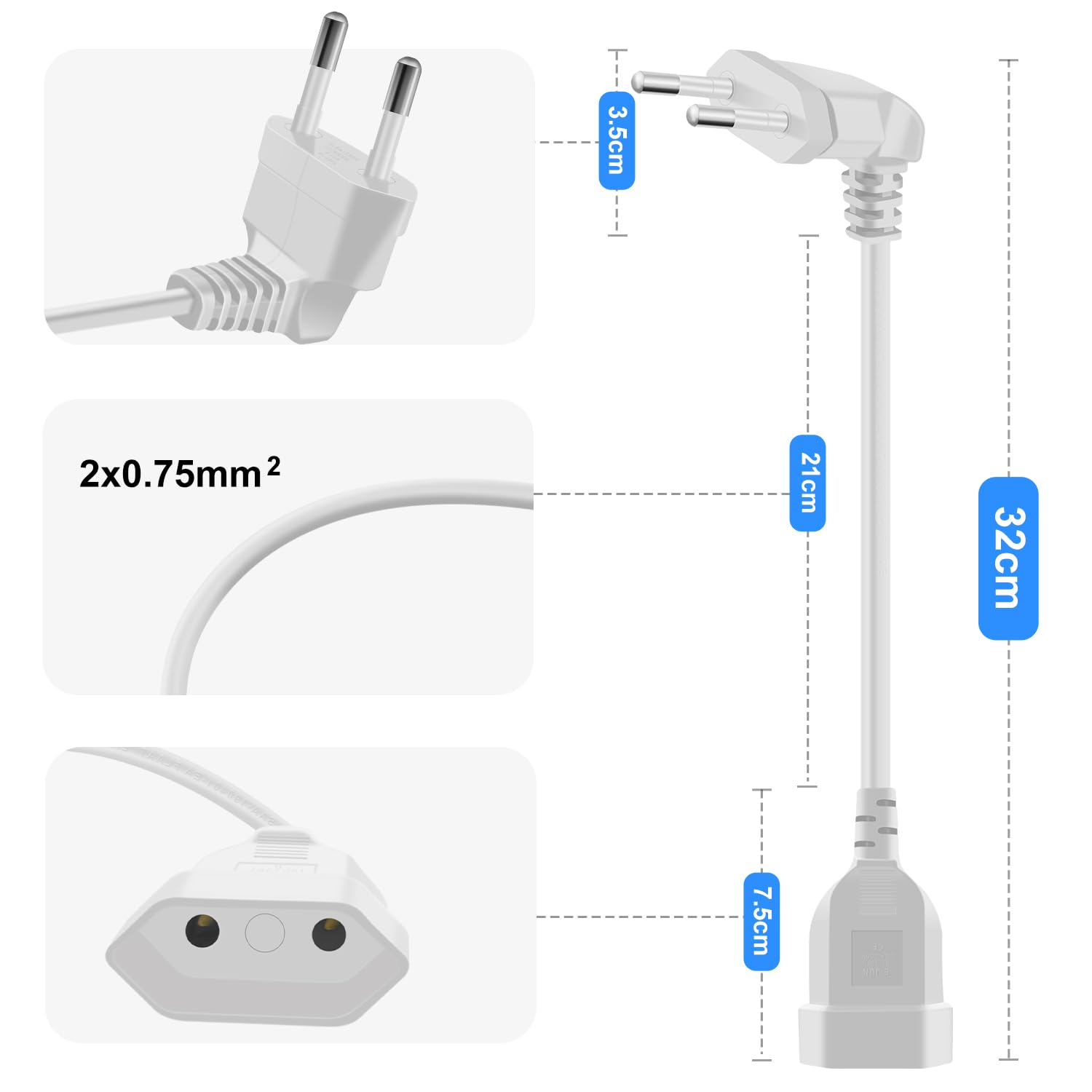 Rallonge d'alimentation Euro 2.5A 250V 625W Câble d'extension Blanc 0.3m