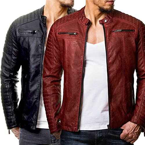 Lbskux Men's Simple Faux Leather Jacket Zip-Up Stand Collar Button Motorcycle Lightweight Aviator Jackets Slim Warm Bomber Outwear Red #TOP3