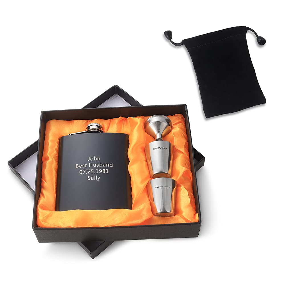 Bosajewel Personalized Engraving Flask Set Groomsmen Gifts for Wedding Custom Hip Flask for Liquor Gifts Set with Funnel Shot Glasses Dad Husband Boyfriend (Color 2)