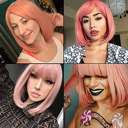Enilecor Pink Wig, 12" Short Bob Wigs With Bangs Straight Synthetic Colorful Cosplay Daily Party Wig For Women Natural As Real Hair+ Free Wig Cap (Pink) #TOP6