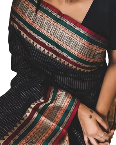 Image of Black Narayanpet Pure Mercerised Cotton Saree for Women | Antique Border Design | Elegant and Breathable outfit | Ideal for Special Occasions | 6.2 Meters Length with Running Blouse Piece
