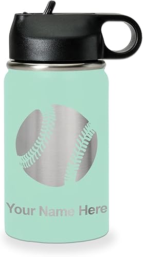 Vista 273 de LaserGram Botella de agua personalizada, pelota de béisbol, acero inoxidable de doble pared aislada al vacío con popote superior, regalo grabado