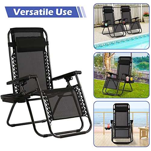 Zero Gravity Chairs Set of 2 Adjustable Folding Reclining Lounge Chairs Outdoor Beach Chair with Pillow and Cup Holder, Patio Lawn Chair Pool Chairs for Outdoor Pool Side Camping Yard Beach (2, Black)