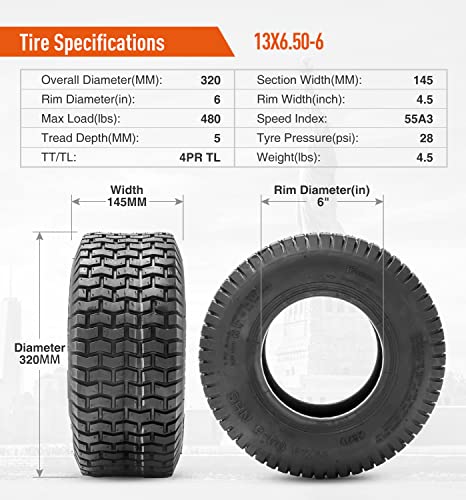 HALBERD 2PCS 13x6.50-6 Lawn Garden Mower Tires Turf Friendly, 13x6.5-6 Great Traction for Garden Tractors, Walk-behind Mowers, Turf Maintenance Vehicles, Golf Carts - Thumbnail 3