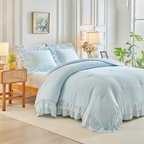 Joyreap Queen Size Comforter Set Blue, 3pcs Lace Ruffled Bedding Comforter Set, Microfiber Vintage Boho Chic Bedding Set for All Season- 88x88 inches Joyreap Queen Size Comforter Set Blue, 3pcs Lace Ruffled Bedding Comforter Set, Microfiber Vintage Boho Chic Bedding Set for All Season- 88x88 inches