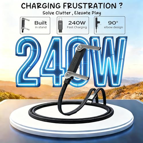 Image of mPix 240W USB C to USB C Cable 5FT with Desktop Stand, 90 Degree Right Angle Braided Fast Charging Type C Cord for iPhone 17 /16 /15, MacBook Pro /Air M4, Galaxy S25 /S24, iPad Pro, Switch