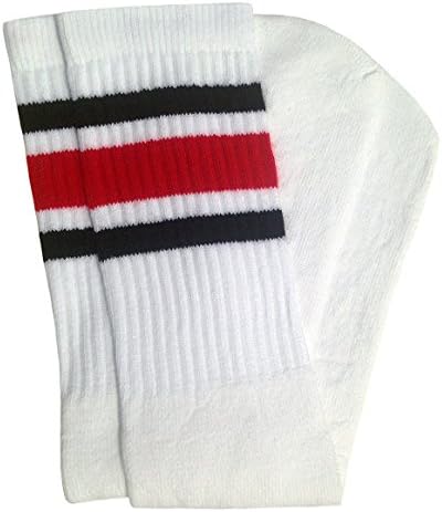 SKATERSOCKS 19" Mid calf White tube socks with Black-Red stripes style 3