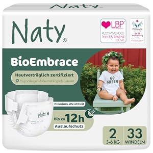 Naty BioEmbrace Baby Windeln für Neugeborene, Größe 2 (3–6 kg), 33 Stück
