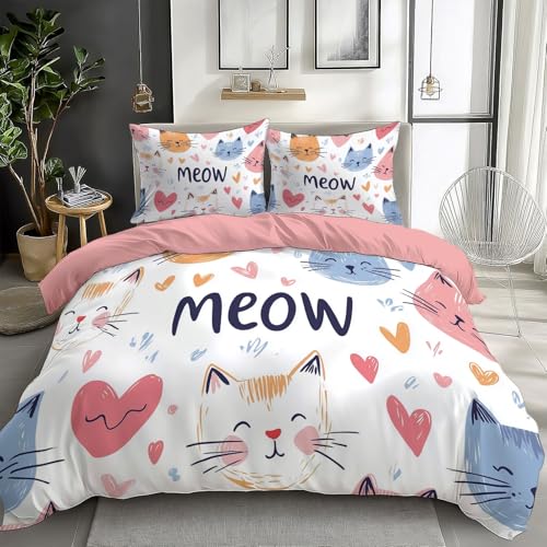 Duvet Cover King Size Cartoon Colorful Cat Reversible 3 Pieces Duvet Cover Set, Bedding Set for All Season, Soft and Breathable Bedding Set with Zipper Closure