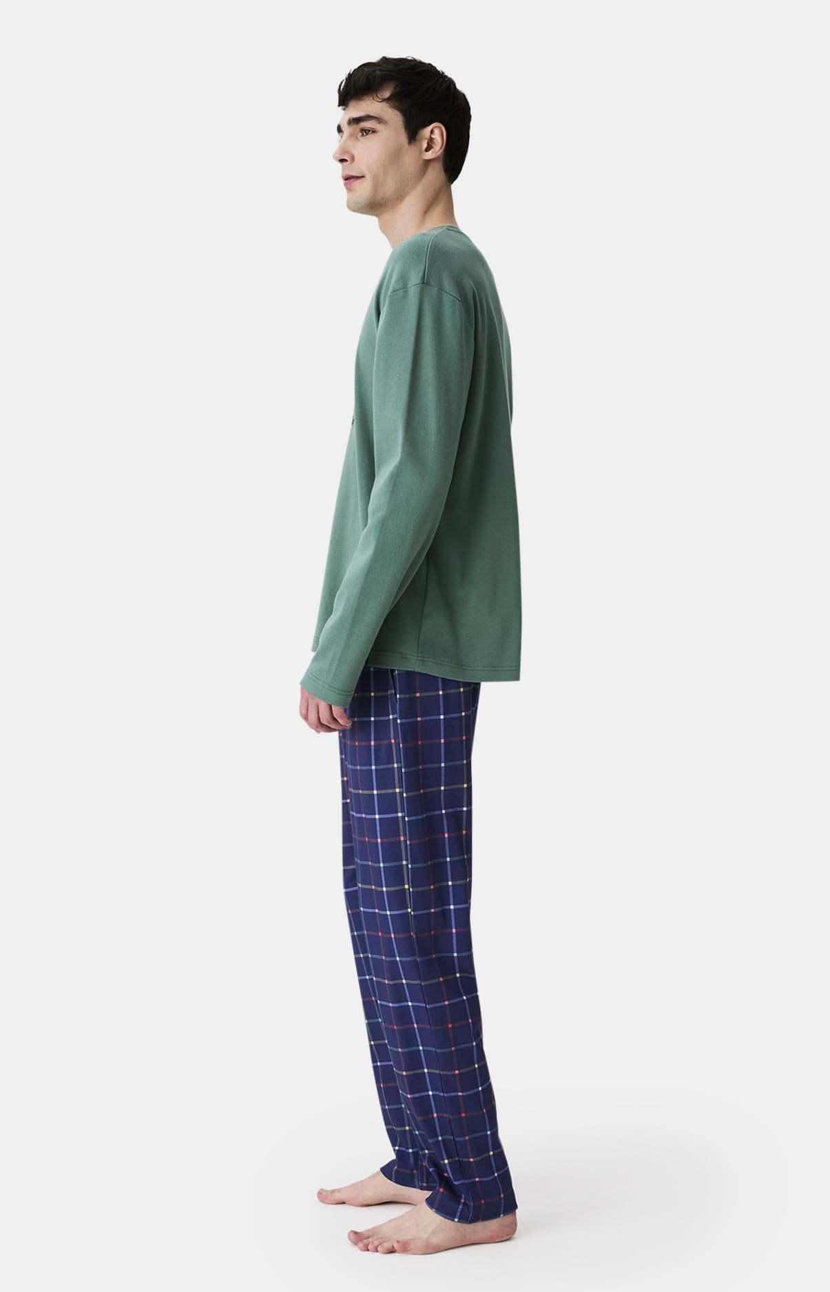 ARTHUR - Pyjama Homme, Ensemble Manches Longues et Pantalon - 100% Coton Bio léger - Motif Carreaux/Rayures