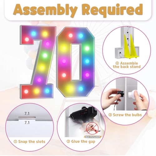 Image of Imprsv Colorful 4FT Marquee Numbers Light up Numbers 70 Birthday Decoration | RGB with Remote, Party Decorations Anniversary Wedding Decorations Assembly Required Foam Board 40 Pcs Accessory Set