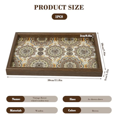 Image of HASTHIP 1-Pack Entry Wooden Organizer Tray Jewelry Storage Tray Retro Mandala PU Leather Liner Wooden Shallow Storage Tray for Keys Coins Jewelry and Daily Essentials, 30x20x2.5cm
