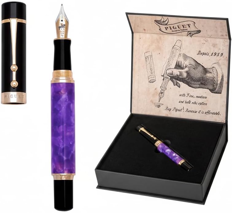 Piguet Genève – Luxury and Ergonomic Fountain & Rollerball Pen – Taurus Series – Medium Nib, Gold Trim, Blue Ink – Gift Boxed with Universal Refill & Converter (Fountain Pen, Amour Violet)