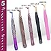 5 Pcs Fiber-Tip Japanese Steel Lash Tweezer Set with Leather Case, Professional Eyelash Tweezers for Lash Extensions – Titanium Coated, 90 & 45 Angled, Precision Pointed Tweezers (Rainbow Color)