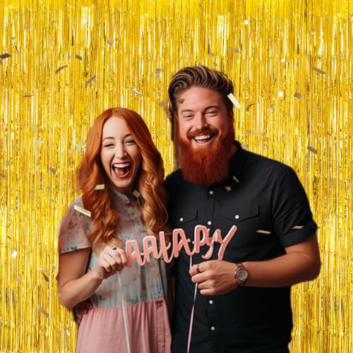 Image of DECOCKRAT 2 Pack Foil Fringe Backdrop - Laser Gold Shiny Tinsel Curtains for Party Decoration /Photo Booth Props - 3.3x6.6 FT Metallic Foil Backdrop for Birthday, Wedding, Graduation, Christmas.