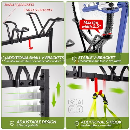 Sttoraboks 5 Bikes Floor Stand, Adjustable Bicycle Parking Rack with Hook for Garage, Indoor, Outdoor, Free Combination Bike Storage Cycle Rack for Mountain, Road and Kids Bikes, Max Tire Width 2.5”