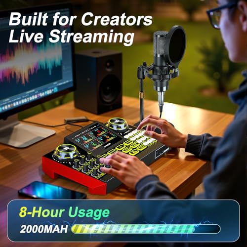 G9 Podcast Microphone Bundle with Live Sound Card Audio Mixer, Podcast Equipment Bundle Sound Board with 3.5mm Condenser Microphone for Pc/Phone Live Streaming Singing Gaming,Voice Changer, Denoise