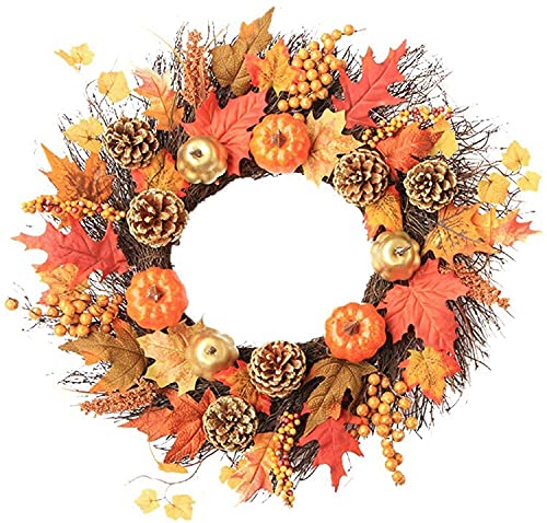 Couronne d'automne de porte avec citrouille artificielle pour déco d'Halloween et Thanksgiving