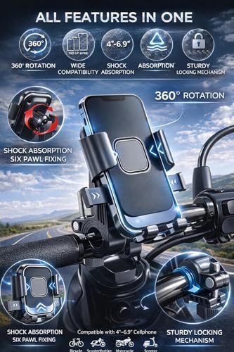Image of ENNIX Bike Mobile Holder for Bicycle Scooter & Motorcycle | 360 Degree Rotatable Handlebar Phone Mount with Shock Absorption & Secure Lock | Mobile Stand for 4 to 6.9 Inch Smartphones | Black