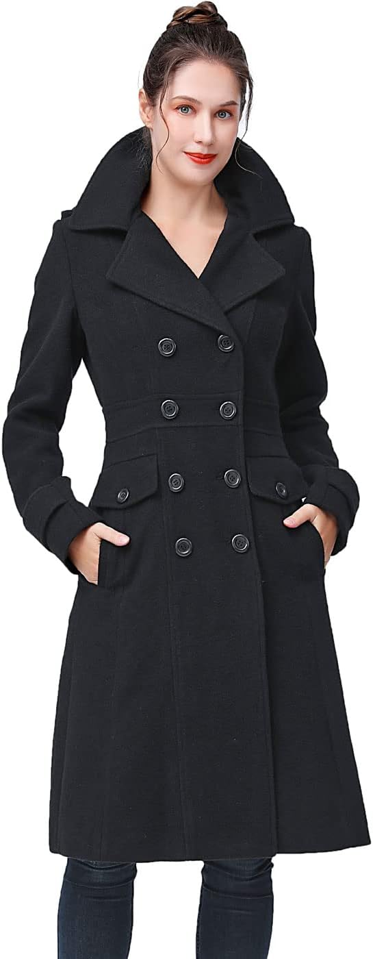 BGSD Women Ady Wool Blend Hooded Long Walking Pea Coat (Also available in Plus Size and Petite)