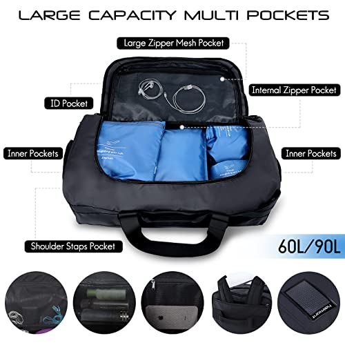 Haimont Gym Duffel Backpack Bag for Men Large Sports Duffle Bags with Backpack Straps for Hiking Travel Weekender Workout, Water Resistant, Black, 60L