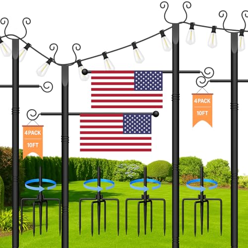 ShineU 4 Pack String Light Poles 10 Ft - Patio Adjustable Stand with Fork, Backyard Heavy Metal Lighting Posts for Outside Deck Wedding Garden Party