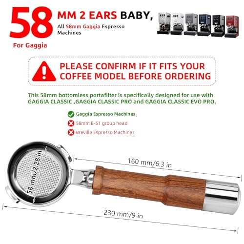 Image of 58 mm Bottomless Portafilter with 2 Ears, Not Suitable with E61 Group Heads, YMWVH Portafilter 58 mm Compatible with Gaggia Espresso Machines, with Puck Screen & Portafilter Filter Baske, Walnut