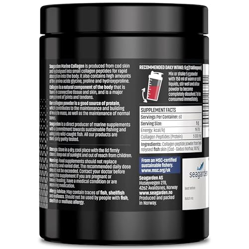 Seagarden Polvo de Colágeno Marino Puro 100% Noruego - Colágeno Hidrolizado Tipo I de Bacalao Ártico Salvaje, Para Piel, Cabello, Uñas, Tendones, Músculos - 300 g (2 Meses, Sin Sabor)