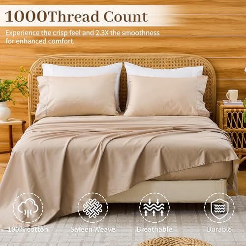 Image of Bedlifes 1000TC Egyptian Cotton Queen Sheets, 4Pcs, 16 inch Deep Pocket | Cooling & Breathable, Ultra Soft, Hotel Comfort, Sateen Weave, OEKO-TEX Certified, Easy-Care Machine Washable
