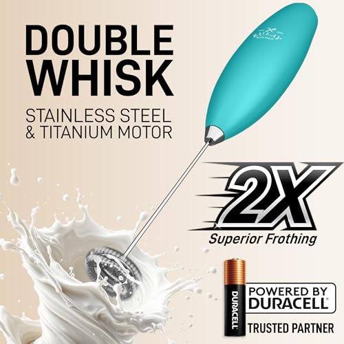 Image of Zulay Kitchen Powerful Milk Frother Wand With Duracell Batteries - Ultra Fast Handheld Drink Mixer - Electric Whisk Foam Maker for Coffee, Lattes, Cappuccino & Matcha - Double Whisk - Caribbean Aqua