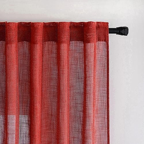 MIULEE Red Kitchen Curtains 24 Inch Length 2 Panels, Soft Thick Linen Textured Semi Sheer Light Filtering Short Cafe Tier Curtains for Small Half Window Back Tab Rod Pocket Christmas Decor