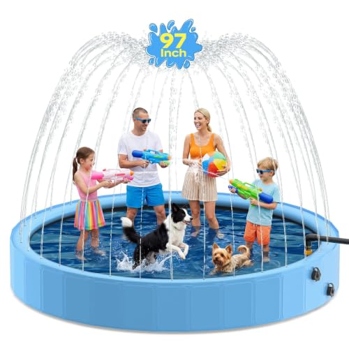 Pechfun 97'' Dog Pool with Sprinkler, Foldable Dog Pools for Large Dogs, 2-in-1 Non-Slip Swimming Pool for Dogs & Kids, Heavy Duty Hard Plastic Pet Bathing Tub for Outdoor Backyard, Blue