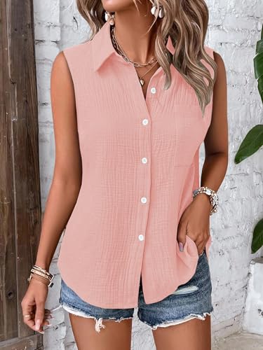 Image of GLASGO Women's 100% Cotton Sleeveless Button Down Shirt | Casual Summer Collared Tank Top | Soft Breathable Fabric Stylish Piece