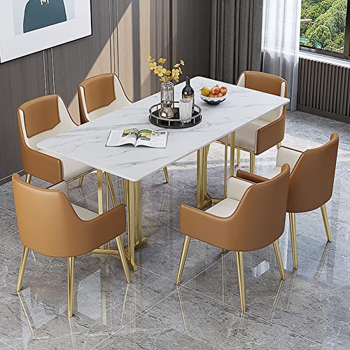 Modern Sintered Stone Dining Table BIGMAII Luxury Rectangle Kitchen Dinner Table with White Marble Top and Gold Double Pedestal for Restaurant Dining Room - 63