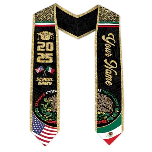 MonkeyVan Custom Mexican Graduation Sash Mexico Graduation Stole 2025 Mexican American Flag Graduation Sash Mexican Graduation M21