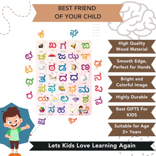 Image of Wooden Kannada Varnamala Education Puzzles for Kids Age 2+ | Kannada Alphabet Consonant Puzzle Board | Wooden Kannada Vyanjana Akshara Learning Toy | Kannada Aksharmala for Kids