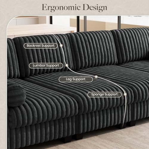 Image of Belffin Modular Sectional Sleeper Sofa Bed with Extendable Length Corduroy Couch Deep Seat Cloud Couch for Living Room. Grey Convertible Sectional Sofa Bed