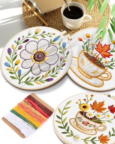 Image of TINDTOP Embroidery Kit for Adult, 3 Pack Embroidery DIY Starter Kit, with Stamped Patterns, Hoop, Tools, Colorful Threads with Needles, Instructions (Flower Cup) | with Stamped Patterns, Hoop, Tools, Colorful Threads with Needles, Instructions (Flower Cup)