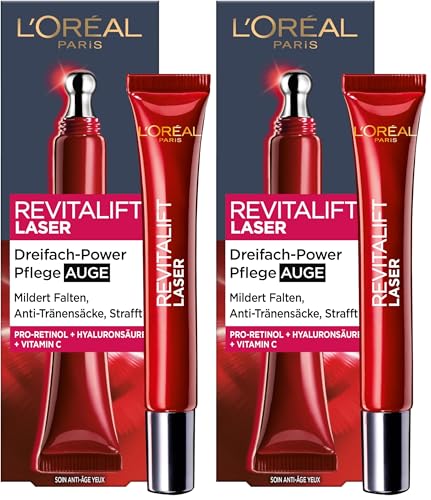 L'Oréal Paris Augenpflege, Revitalift Laser X3, Anti-Aging Augencreme mit 3-fach Wirkung, Hyaluronsäure, 15 ml (Packung mit 2)
