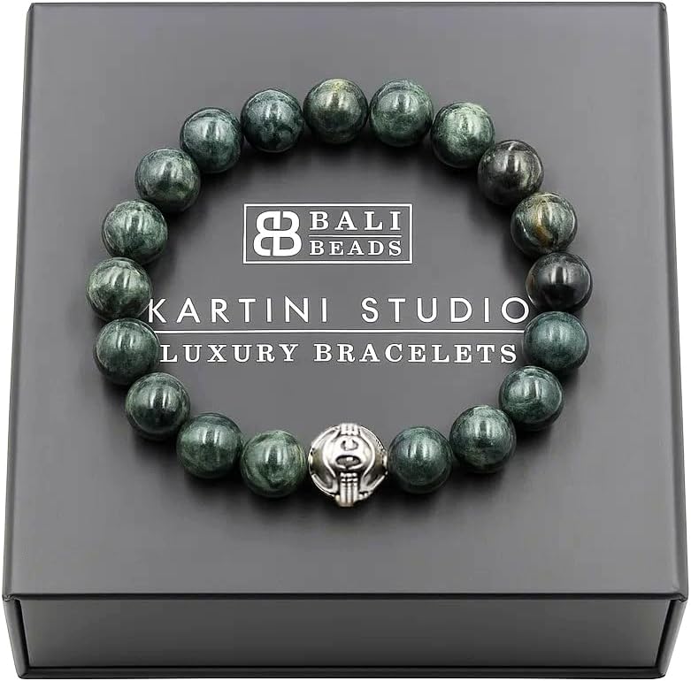 Kartini Studio Men's Dark Green Jade Bracelet, Jade and Sterling Silver Beads Bracelet