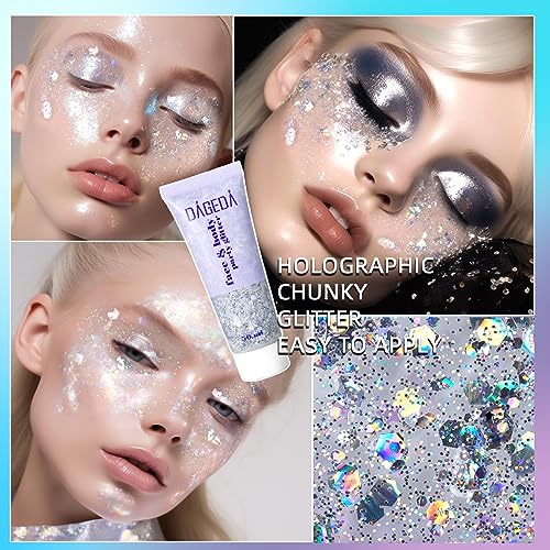 DAGEDA Body Glitter Gel, Body Sequins Shimmer Liquid Eyeshadow, Chunky Glitter for Face Hair Nails, Holographic Cosmetic Laser Powder Festival Glitter Makeup 50ml(Silver)