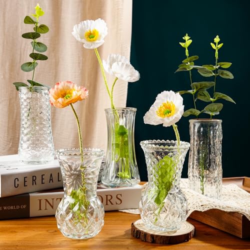 Juego de 5 jarrones vintage para centros de mesa, pequeños jarrones de cristal a granel, jarrones de cristal transparente para flores, decoración de mesa de fiesta de recepción de boda