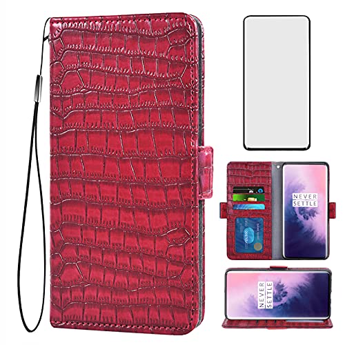 Asuwish Compatible with OnePlus 7 Pro Wallet Case with Tempered Glass Screen Protector Flip Cover Card Holder Cell Phone Cases for OnePlus7Pro 5G One Plus 1+7 1Plus OnePlus7 7Pro One+ 1 + Seven Red