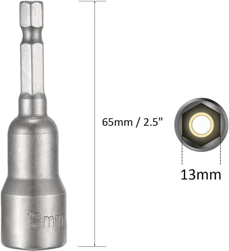 Fixinus Impact Driver Bit 13mm, Magnetic 1/4" Hex Shank Quick-Change Nut Setter Drill Bit Metric Socket, 65mm Length