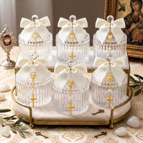 Chuangdi 6 Sets 24 Pcs Baptism Favors for Guests Crystal Candy Bowl Gifts with 6 Pcs Cross Rosary for Baptism Decorations Wedding Baby Shower Supplies First Communion Party(White) by Chuangdi - Used condition - US$20.51