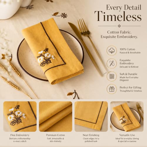 Image of Golden Daisy Embroidered Cotton Napkins Set of 6, 16x16 Inch, Floral Yellow Flower Dinner & Cocktail Napkins, Reusable Machine Washable Cloth Napkins for Dining Table, Tea Party & Home Decor