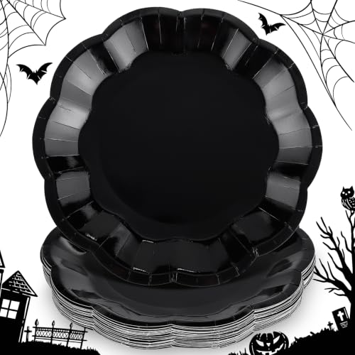 Image of NatNarr 30 Pcs Black Paper Plates, 9 Inch Scalloped Halloween Dinner Plate