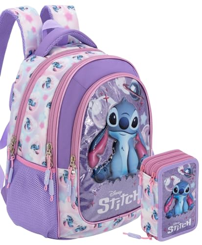 Pack Escolar Niña Primaria Ergonómica - Mochila Gran Capacidad 43x33x20 cm y Estuche 3 Cremalleras Completo (46 Piezas) - Para Stitch Fan (6-10 Años)