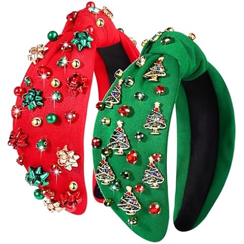 CEALXHENY 2PCS Christmas Headband for Women - Xmas Bow & Tree Knotted Headband with Red Green Crystal Pearl Jeweled Top Knot - Festive Holiday Hair Accessories - Party Gifts Cover